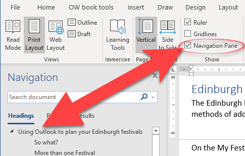 how do you use the navigation pane in word 2010 for mac?